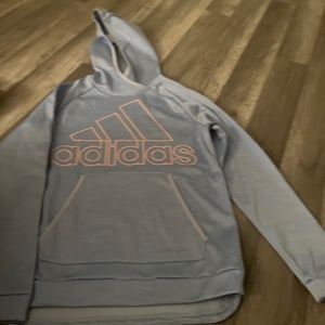 Adidas light blue hoodie with salmon letters
